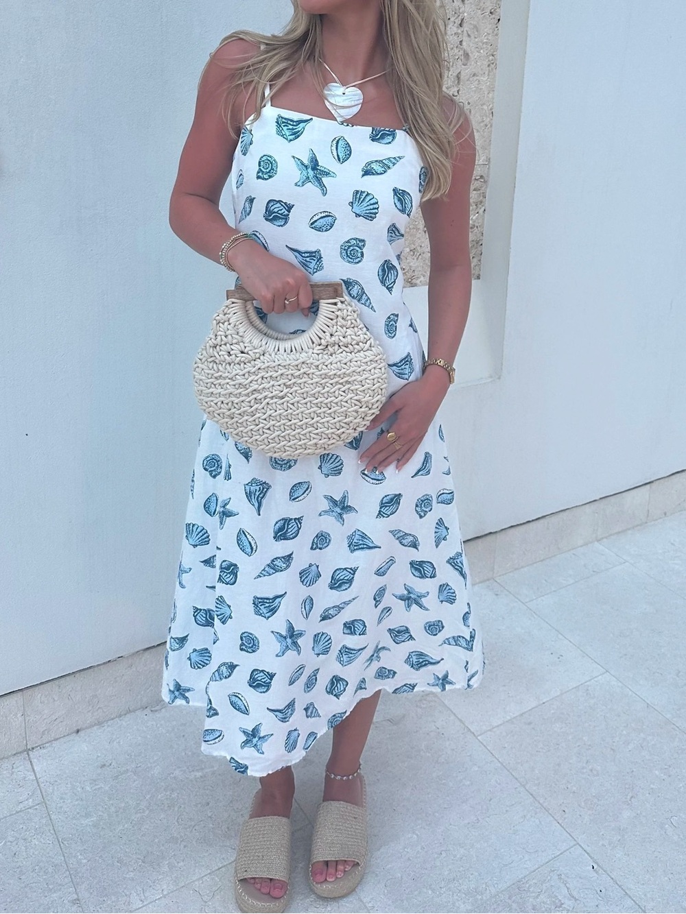 Joie White Dress with Blue Seashell Print